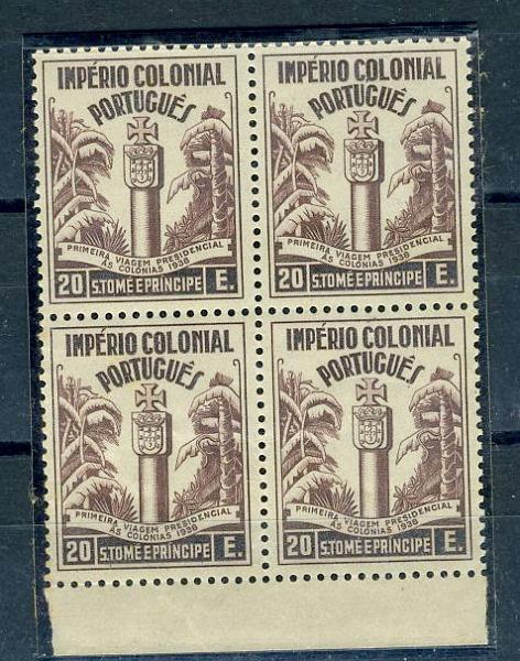 22Lis_1614.jpg -     Lote:    1614            S. Tomé e Príncipe       Descrição:         1938 &mdash; Primeira Viagem Presidencial ao Ultramar. CE318, 20$00 castanho vermelho. Quadra sem goma. Valor de catálogo &euro; 292,00.        *       Valor Base:     &euro; 30,00     Valor Venda:     &euro; 30,00     