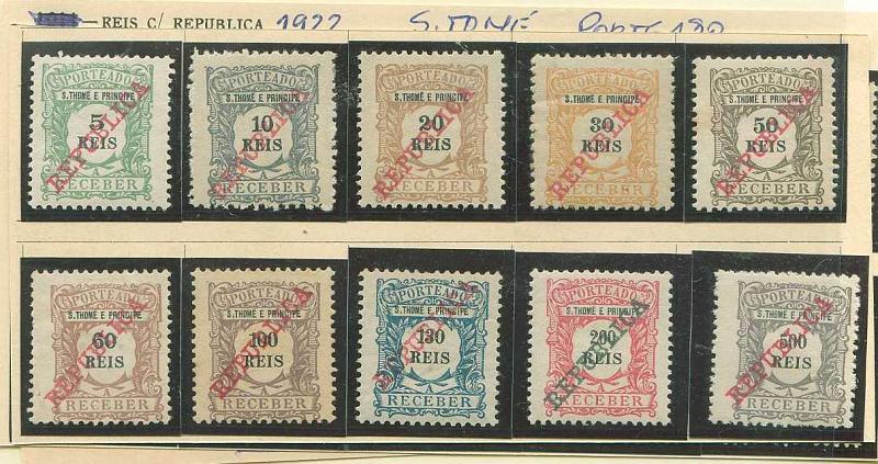 22Lis_1618.jpg -     Lote:    1618            S. Tomé e Príncipe       Descrição:         1911/1958 &mdash; Porteado. Emissão Regular valor em reis com sobrecarga + Emissão Regular valor em centavos + Imposto Postal * Assistência. CE POR11/20 e 42/51, CE IP17/20. Séries completas. Valor de catálogo &euro; 27,95.        **       Valor Base:     &euro; 6,00     Valor Venda:     &euro; 15,00     