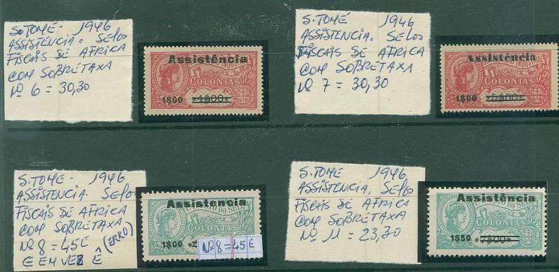 22Lis_1619.jpg -     Lote:    1619            S. Tomé e Príncipe       Descrição:         1946 &mdash; ASSISTÊNCIA. Selos fiscais de África, com sobretaxa. CE6 1$00 s/4$00, CE7 1$00 s/5$00, CE8 1$00 s/6$00 (variedade "e" em vez de "ê", CE11 1$50 s/7$00, CE14 2$50 s/8$00 e CE15 2$50 s/9$00. Lote muito interessante. Valor de catálogo &euro; 182,50.        **       Valor Base:     &euro; 75,00     Valor Venda:     &euro; 330,00     