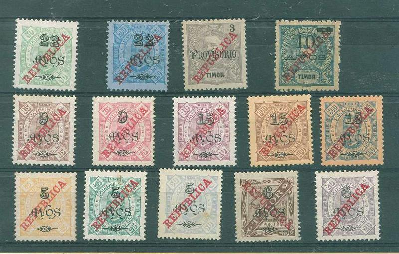 22Lis_1636.jpg -     Lote:    1636            Timor       Descrição:         1915 D. Carlos I com sobrecarga República. CE177/190. O selo CE189 também com a sobrecarga "Provisório".        *       Valor Base:     &euro; 8,00     Valor Venda:     &euro; 15,00     