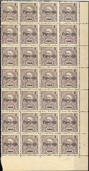 22Lis_1638.jpg -     Lote:    1638            Timor       Descrição:         1902 &mdash; D. Carlos I, com sobrecarga PROVISÓRIO. CE97, 3 avos violeta. Emitidos sem goma. Sem duas margens, retiradas para a sobrecarga. Folha completa de 28 selos. Valor de catálogo &euro; 79,80.        *       Valor Base:     &euro; 25,00     Valor Venda:     &euro; 38,00     