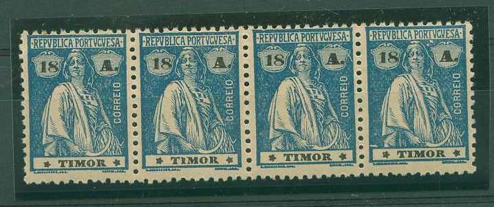 22Lis_1647.jpg -     Lote:    1647            Timor       Descrição:         1923 &mdash; Ceres. Novos valores. CE198, 18 avos azul escuro. Tira horizontal de 4 selos. Valor de catálogo &euro; 39,20.        ***       Valor Base:     &euro; 12,00     Valor Venda:     &euro; 12,00     