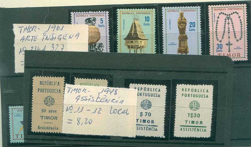 22Lis_1663.jpg -     Lote:    1663            Timor       Descrição:         1948/1961 &mdash; Arte Indígena + Assistência. CE316/327 e CE IP11/12. Séries completas. Valor de catálogo &euro; 35,60.        */**       Valor Base:     &euro; 10,00     Valor Venda:     Retirado     