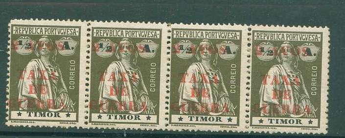 22Lis_1664.jpg -     Lote:    1664            Timor       Descrição:         1919 - Imposto Postal. Tipo "CERES" com sobrecarga «2 avos /Taxa de Guerra» CE IP1. Tira horizontal de quatro selos.        ***       Valor Base:     &euro; 10,00     Valor Venda:     &euro; 10,00     