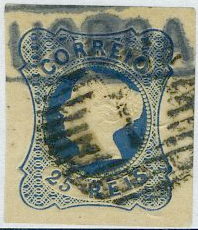 22Lis_1666.jpg -     Lote:    1666            Portugal       Descrição:         Carimbos nominativos. 1853 &mdash; D. Maria II, 25 reis azul-escuro, obliterado com carimbo numérico da 1.ª reforma 1 e carimbo nominativo de LISBOA, ambos batidos a preto. MB, com margens muito largas.        O       Valor Base:     &euro; 20,00     Valor Venda:     &euro; 80,00     