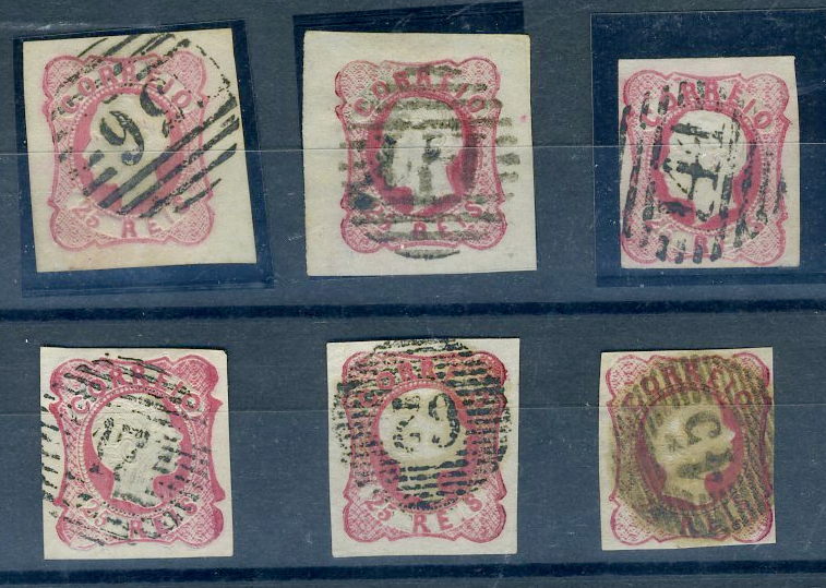 22Lis_1667.jpg -     Lote:    1667            Portugal       Descrição:         Carimbos numéricos da 1.ª reforma. Lote de 6 selos: 3 de 25 reis carmim, D. Pedro V cabelos anelados, com numéricos 17, 45 e 62, e 3 selos de 25 reis carmim D. Luís I, com numéricos 36, 141(2).        Lote       Valor Base:     &euro; 4,00     Valor Venda:     &euro; 16,00     