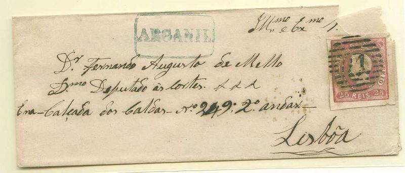 22Lis_1669.jpg -     Lote:    1669            Portugal       Descrição:         Carimbos nominativos. 1866/67 &mdash; D. Luís I. Fita curva não denteados. CE22, 25 reis carmim rosa em sobrescrito circulado de Arganil para Lisboa (23.07.1867), obliterado com carimbo numérico da 1.ª reforma 81 e carimbo nominativo batido a azul ARGANIL. Não catalogado nesta cor por Gordon e Vaz Pereira. Sobrescrito com defeito no canto superior direito.        Carta       Valor Base:     &euro; 25,00     Valor Venda:     Retirado     