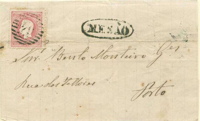 22Lis_1670.jpg -     Lote:    1670            Portugal       Descrição:         Carimbos nominativos. 1867/70 &mdash; D. Luís I fita curva, denteados. Carta circulada de Mezão para o Porto (20.12.1868), com selo de 25 reis carmim. Carimbo nominativo e numérico da 1.ª reforma, muito bem batidos a preto de 64 - MESÃO. MB.        Carta       Valor Base:     &euro; 20,00     Valor Venda:     &euro; 32,00     