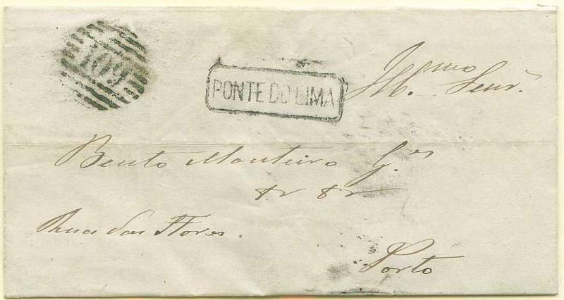 22Lis_1672.jpg -     Lote:    1672            Portugal       Descrição:         Carimbos nominativos. 1867/70 &mdash; D. Luís I fita curva, denteados. Carta circulada de Ponte de Lima (16.02.1869) para o Porto (18.02.1869), com selo de 25 reis carmim. Carimbo nominativo e numérico da 1.ª reforma, muito bem batidos a preto de 109 &mdash; PONTE DE LIMA. MB.        Carta       Valor Base:     &euro; 12,00     Valor Venda:     Retirado     