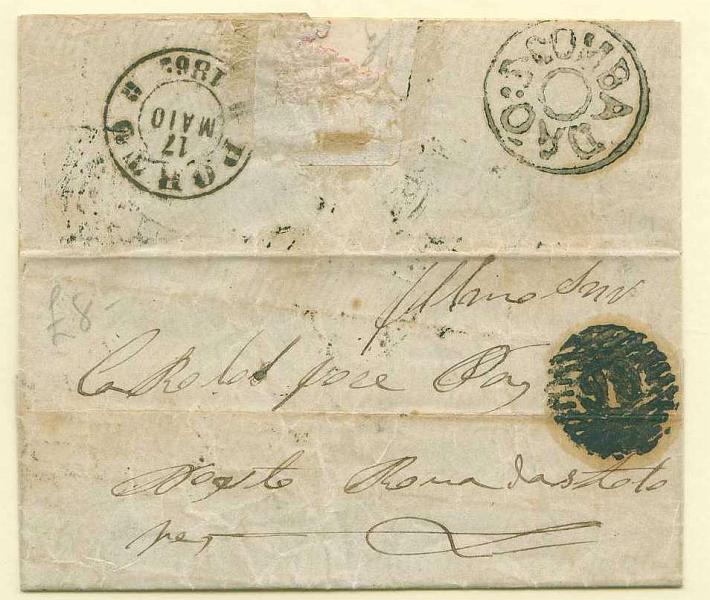 22Lis_1674.jpg -     Lote:    1674            Portugal       Descrição:         Carimbos nominativos. Sobrescrito circulado de Santa Comba Dão para o Porto (17.05.1862) com selo arrancado. Carimbo numérico da 1.ª reforma 98 batido a preto e carimbo nominativo de duplo círculo de S. COMBA DÃO. Não catalogado por Gordon, e catalogado como RRR por Vaz Pereira.        Carta       Valor Base:     &euro; 30,00     Valor Venda:     &euro; 30,00     