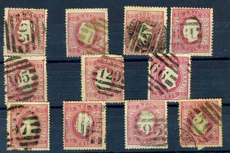 22Lis_1676.jpg -     Lote:    1676            Portugal       Descrição:         Carimbos numéricos da 2.ª reforma. 1870/76 &mdash; D. Luís I, fita direita. CE40, 25 reis, denteado 13 &frac12;, papel liso. Lote de 11 selos obliterados com carimbos numéricos: 50, 66, 93 (2), 97, 105, 129, 156, 159, 172, 182.        Lote       Valor Base:     &euro; 6,00     Valor Venda:     &euro; 20,00     