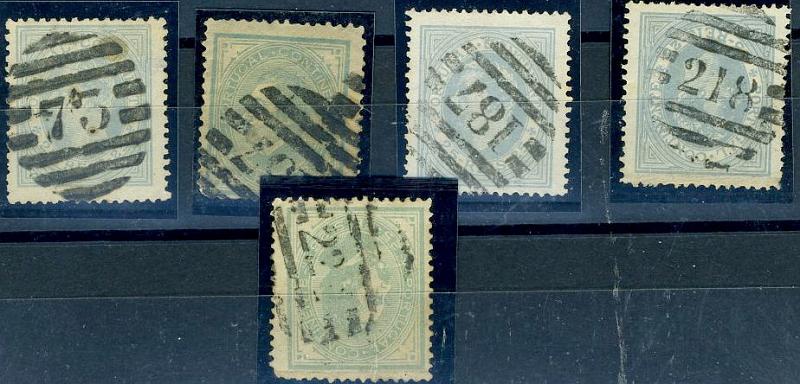 22Lis_1678.jpg -     Lote:    1678            Portugal       Descrição:         Carimbos numéricos da 2.ª reforma. 1880/81 &mdash; D. Luís I. De perfil. CE54, 25 reis cinzento. Lote de 5 selos com carimbos numéricos, bem batidos 75, 137, 187, 218 e 224.        Lote       Valor Base:     &euro; 5,00     Valor Venda:     &euro; 12,00     