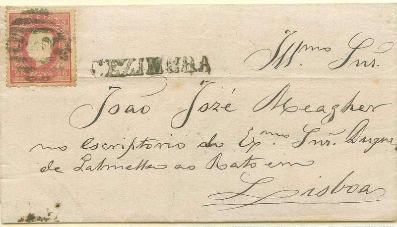 22Lis_1681.jpg -     Lote:    1681            Portugal       Descrição:         Carimbos nominativos. 1870/76 &mdash; D. Luís I fita Direita. Carta circulada de Sesimbra para Lisboa (17.01.1785) com selo de 25 reis carmim, denteado 12 &frac12;, papel liso. Carimbo nominativo e numérico da 2.ª reforma batidos a preto 20 - CEZIMBRA. MB.        Carta       Valor Base:     &euro; 15,00     Valor Venda:     &euro; 20,00     