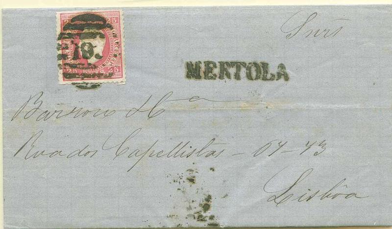 22Lis_1684.jpg -     Lote:    1684            Portugal       Descrição:         Carimbos nominativos. 1870/76 &mdash; D. Luís I fita Direita. Carta circulada de Mértola (19.12.72) para Lisboa (20.12.1872) e trânsito por Beja (20.12.1872), com selo de 25 reis carmim, denteado 12 &frac12;, papel liso. Carimbo nominativo e numérico da 2.ª reforma batidos a preto 199 - MERTOLA. MB.        Carta       Valor Base:     &euro; 20,00     Valor Venda:     &euro; 22,00     