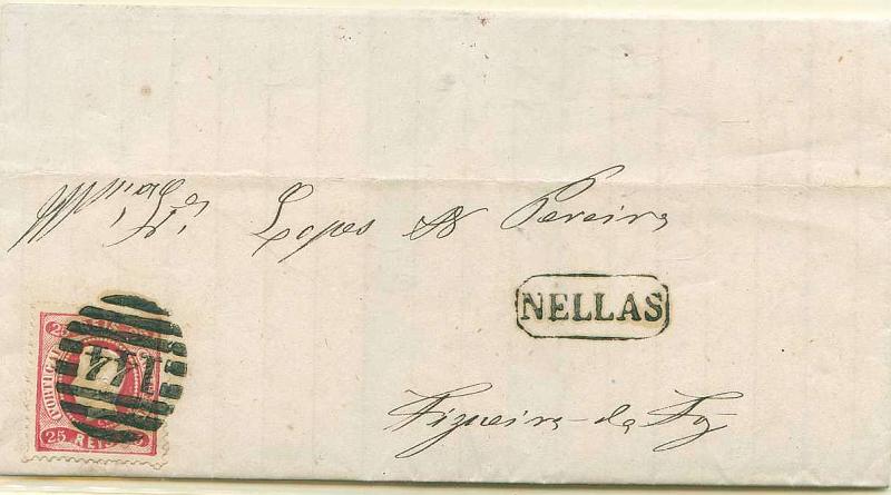 22Lis_1685.jpg -     Lote:    1685            Portugal       Descrição:         Carimbos nominativos. 1867/70 &mdash; D. Luís I fita curva, denteados. Carta circulada de Nelas (14.03.1871) para Figueira da Foz, com selo de 25 reis carmim. Carimbo nominativo e numérico da 2.ª reforma, muito bem batidos a preto de 144 - NELLAS. MB.        Carta       Valor Base:     &euro; 15,00     Valor Venda:     &euro; 18,00     