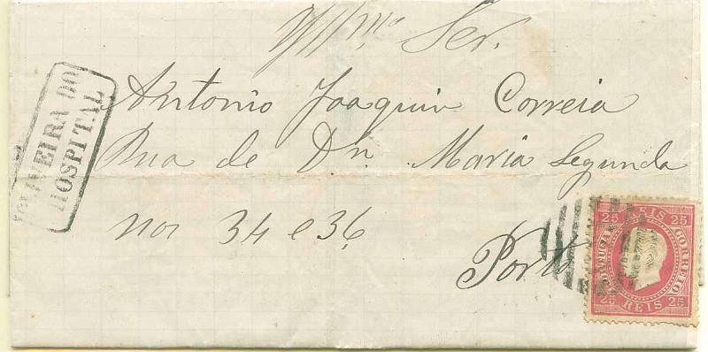 22Lis_1686.jpg -     Lote:    1686            Portugal       Descrição:         Carimbos nominativos. 1870/76 &mdash; D. Luís I fita Direita. Carta circulada de Oliveira do Hospital para o Porto (12.12.1878) com selo de 25 reis carmim, denteado 13 &frac12;, papel liso. Carimbo nominativo e numérico batidos a preto 145 &mdash; OLIVEIRA DO HOSPITAL. MB.        Carta       Valor Base:     &euro; 10,00     Valor Venda:     &euro; 16,00     