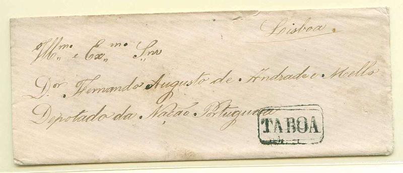 22Lis_1687.jpg -     Lote:    1687            Portugal       Descrição:         Carimbos nominativos. 1867/70 &mdash; D. Luís I. Fita curva, denteados. CE30, 25 reis carmim no verso de sobrescrito circulado de Tábua para Lisboa (29.04.69). Carimbo nominativo batido a preto de TABOA.        Carta       Valor Base:     &euro; 15,00     Valor Venda:     Retirado     