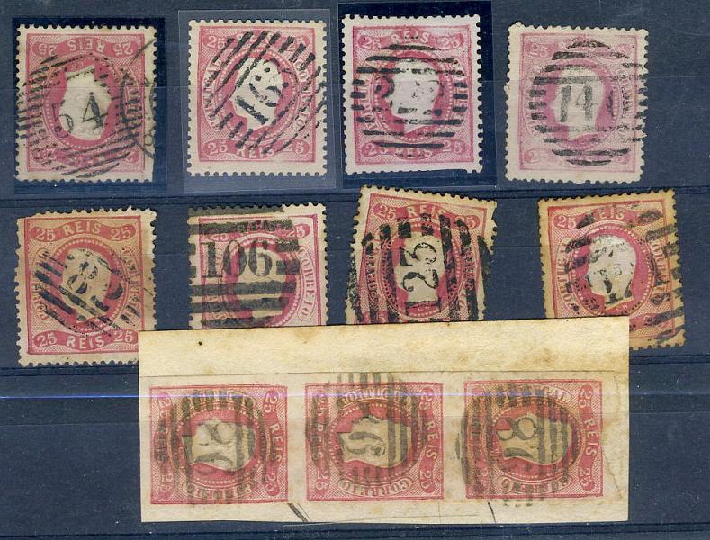 22Lis_1689.jpg -     Lote:    1689            Portugal       Descrição:         Carimbos numéricos da 1.ª e 2.ª reformas. 1866/70 &mdash; D. Luís I Fita curva, não denteados e denteados. Lote composto por: Tira vertical em fragmento com 3 selos de 25 reis carmim CE22, obliterados com carimbo 86 &mdash; FARINHA PODRE + 5 selos de 25 reis carmim CE30, obliterados com carimbos da 1.ª reforma 54 &mdash; AROUCA, 163 &mdash; BORBA, 140 &mdash; ALVAIAZERE, 82 &mdash; AVEIRO e 222 &mdash; ARCOS DE VALDEVEZ, + 3 selos com carimbos da 2.ª reforma 121, 123 e 106.         Lote       Valor Base:     &euro; 20,00     Valor Venda:     &euro; 32,00     