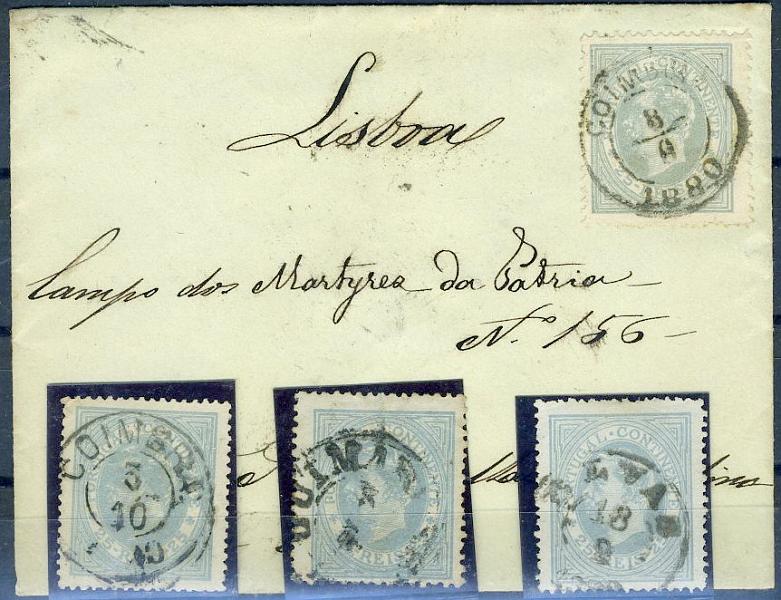 22Lis_1693.jpg -     Lote:    1693            Portugal       Descrição:         Carimbos de duplo círculo datados (tipo pequeno). 1880/81 &mdash; D. Luís I. De perfil. CE53, cinzento. Lote composto por uma carta e três selos com carimbos de COIMBRA (2 tipos diferentes), GUIMARÃES e ELVAS.        Lote       Valor Base:     &euro; 10,00     Valor Venda:     &euro; 12,00     