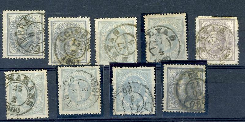 22Lis_1695.jpg -     Lote:    1695            Portugal       Descrição:         Carimbos de duplo círculo datados (tipo pequeno). 1880/81 &mdash; D. Luís I. De perfil. CE53, 25 reis cinzento e cinzento vermelho. Lote composto por 9 selos com carimbos de COIMBRA (2), ELVAS (3), GUIMARAES e LISBOA (3).        Lote       Valor Base:     &euro; 6,00     Valor Venda:     &euro; 6,00     