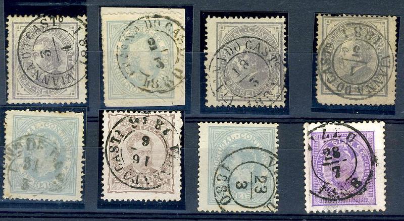 22Lis_1696.jpg -     Lote:    1696            Portugal       Descrição:         Carimbos de duplo círculo datados (tipo pequeno). 1880/84 &mdash; D. Luís I. De perfil e de frente. Lote composto por 8 selos de 25 reis com carimbos de VIANA DO CAST.º (5), V. NVA DE PORT, e VISEU (2).        Lote       Valor Base:     &euro; 5,00     Valor Venda:     Retirado     