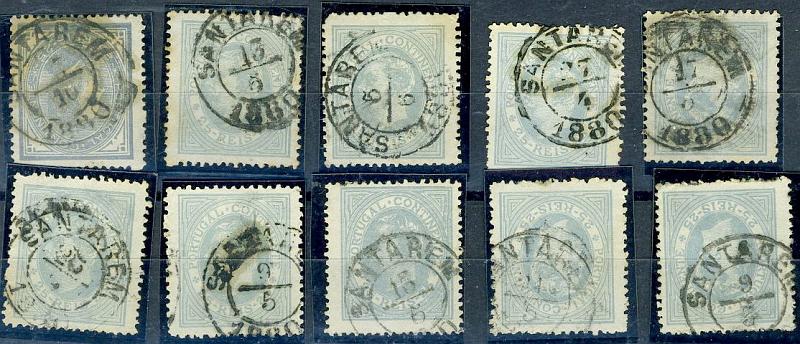 22Lis_1697.jpg -     Lote:    1697            Portugal       Descrição:         Carimbos de duplo círculo datados (tipo pequeno). 1880/81 &mdash; D. Luís I. De perfil. CE53, 25 reis cinzento. Lote composto por 10 selos com carimbo de SANTARÉM. Lote a ver.        Lote       Valor Base:     &euro; 5,00     Valor Venda:     &euro; 5,00     