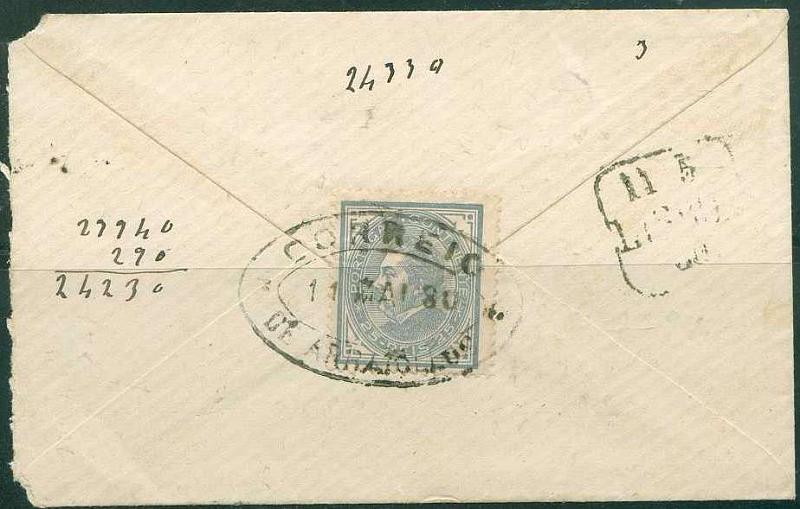 22Lis_1698.jpg -     Lote:    1698            Portugal       Descrição:         Carimbos de dupla oval. 1880/81 &mdash; D. Luís I. De perfil. Sobrescrito circulado de Arraiolos (11.05.1880) para Lisboa (11.05.1880), com selos de 25 reis azul cinzento, denteado 13 &frac12;, obliterado com carimbo de dupla oval "CORREIO / DE ARRAIOLLOS".        Carta       Valor Base:     &euro; 8,00     Valor Venda:     &euro; 10,00     