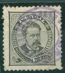 22Lis_1704.jpg -     Lote:    1704            Portugal       Descrição:         Carimbos nominativos. 1884/87 &mdash; D. Luís de frente. CE60, 5 reis preto cinzento, obliterado com carimbo batido a violeta "ALVERCA DA BEIRA".        O       Valor Base:     &euro; 10,00     Valor Venda:     &euro; 22,00     