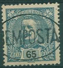22Lis_1705.jpg -     Lote:    1705            Portugal       Descrição:         Carimbos nominativos. 1898/905 &mdash; D. Carlos I Mouchon. CE143, 65 reis azul cinzento, obliterado com carimbo nominativo da BEMPOSTA. Não catalogada por Gordon.        O       Valor Base:     &euro; 30,00     Valor Venda:     &euro; 70,00     