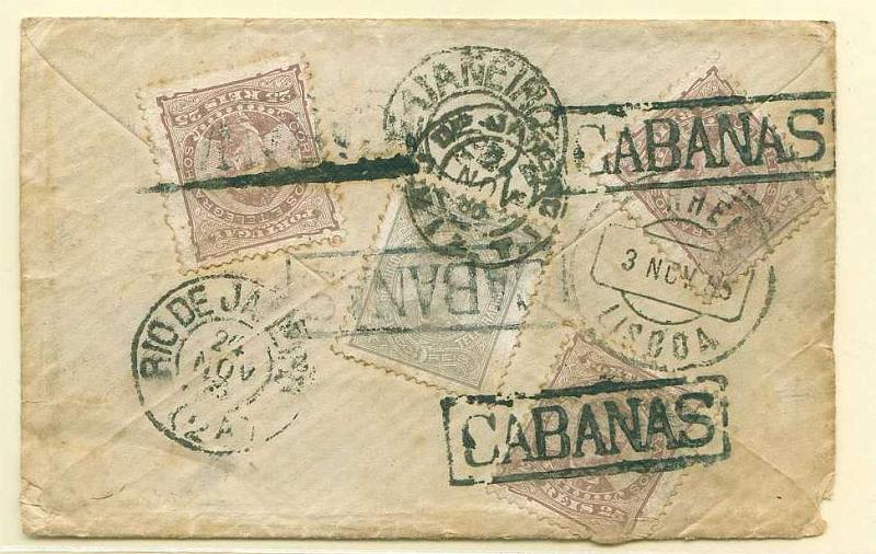 22Lis_1707.jpg -     Lote:    1707            Portugal       Descrição:         Carimbos nominativos. 1882/83 &mdash; D. Luís I. De frente. Sobrescrito circulado de Cabanas de Viriato para o Rio de Janeiro (24.11.85) com trânsito por Lisboa (03.11.1885) com 3 selos de 25 reis castanho e 1 selo de 5 reis preto cinzento, obliterados com carimbo nominativo batido a preto "CABANAS". MR e B.        Carta       Valor Base:     &euro; 480,00     Valor Venda:     Retirado     