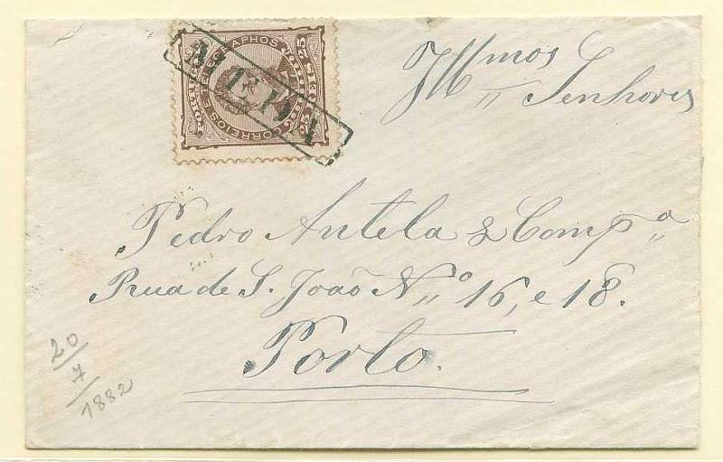 22Lis_1709.jpg -     Lote:    1709            Portugal       Descrição:         Carimbos nominativos. 1882/83 &mdash; D. Luís I. De frente. Sobrescrito circulado de Meda para o Porto (20.07.1882) com selo de 25 reis castanho, denteado 13 &frac12;, papel porcelana, obliterados com carimbo nominativo de MEDA, muito bem batido a preto. MB e R.        Carta       Valor Base:     &euro; 150,00     Valor Venda:     &euro; 160,00     