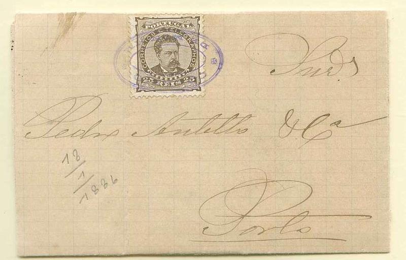 22Lis_1710.jpg -     Lote:    1710            Portugal       Descrição:         Carimbos nominativos. 1882/83 &mdash; D. Luís I. De frente. Sobrescrito circulado de Mondim para o Porto (18.01.1886) com selo de 25 reis castanho, denteado 12 &frac12;, papel porcelana, obliterado com carimbo nominativo de duplo círculo "CORREIO / DE MONDIM", batido a VIOLETA. MB e MR.        Carta       Valor Base:     &euro; 340,00     Valor Venda:     &euro; 360,00     