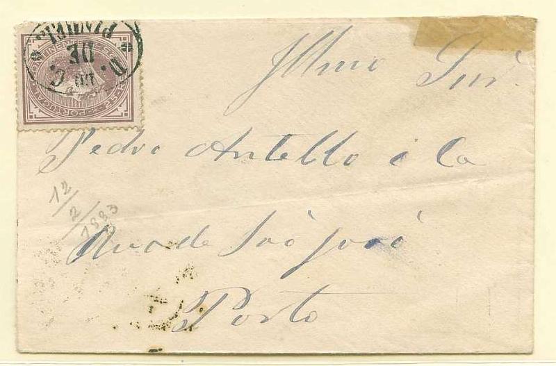 22Lis_1711.jpg -     Lote:    1711            Portugal       Descrição:         Carimbos nominativos. 1880/81 &mdash; D. Luís I. De perfil. Sobrescrito circulado de Pinhel para o Porto (12.02.1883), com trânsito por Viseu (12.02.1883) com selo de 25 reis cinzento-vermelho, denteado 13 &frac12;, papel liso, obliterados com carimbo nominativo oval de "D. DO C. / DE / PINHEL". Carimbo muito bem batido. MB.        Carta       Valor Base:     &euro; 110,00     Valor Venda:     Retirado     