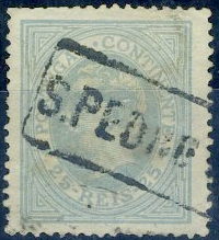 22Lis_1712.jpg -     Lote:    1712            Portugal       Descrição:         Carimbos nominativos. 1880/81 &mdash; D. Luís I. De perfil. CE53, 25 reis azul cinzento, denteado 13 &frac12;, obliterado com carimbo nominativo de S. PEDRO do sul.        O       Valor Base:     &euro; 8,00     Valor Venda:     &euro; 26,00     