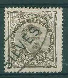 22Lis_1713.jpg -     Lote:    1713            Portugal       Descrição:         Carimbos nominativos. 1882/83 &mdash; D. Luís I. De frente. CE57, 25 reis castanho, denteado 13 &frac12;, papel porcelana, obliterado com carimbo nominativo, batido a preto, de SILVES.        O       Valor Base:     &euro; 5,00     Valor Venda:     &euro; 16,00     