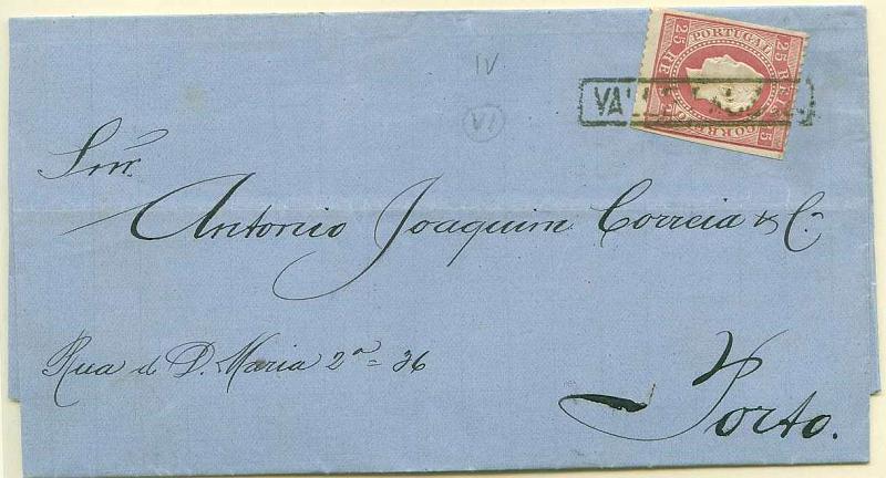 22Lis_1714.jpg -     Lote:    1714            Portugal       Descrição:         Carimbos nominativos. 1870/76 &mdash; D. Luís I. Fita direita. Carta circulada de Valpaços para o Porto (10.07.1878) com selo de 25 reis carmim, papel liso, denteado 12 &frac12;, obliterado com carimbo nominativo de "VALLE PASSOS", batido a preto. Raridade 75 em 100 atribuído por Gordon. MB e MR.        Carta       Valor Base:     &euro; 250,00     Valor Venda:     &euro; 260,00     