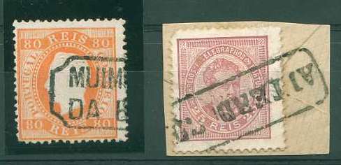 22Lis_1715.jpg -     Lote:    1715            Portugal       Descrição:         Carimbos nominativos. Lote de dois selos: 80 reis laranja D. Luís I Fita direita, com carimbo batido a preto de MUIMENTA DA BEIRA e fragmento com selo de 25 reis D. Luís I de frente, com carimbo batido a preto de ALTER DO CHÃO.        O       Valor Base:     &euro; 5,00     Valor Venda:     &euro; 8,00     