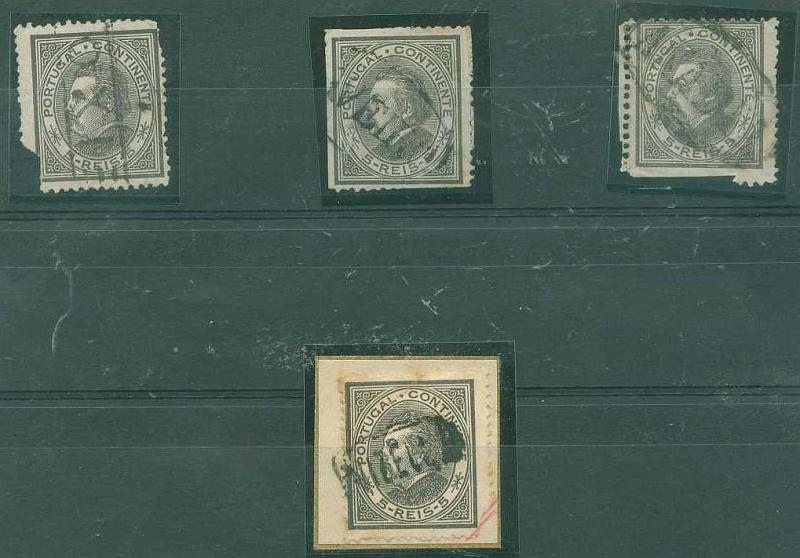 22Lis_1717.jpg -     Lote:    1717            Portugal       Descrição:         Carimbos nominativos. 1880/81 &mdash; D. Luís I de perfil. Lote de 4 selos de 5 reis (com defeitos) obliterados com carimbos nominativos de EIXO, AVEIRO, ANADIA e VIZELLA.        Lote       Valor Base:     &euro; 3,00     Valor Venda:     &euro; 5,00     