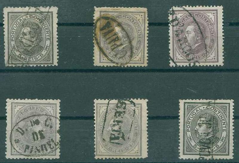 22Lis_1718.jpg -     Lote:    1718            Portugal       Descrição:         Carimbos nominativos. Lote de 6 selos de 5 e 25 reis D. Luís I de perfil, obliterados com carimbos nominativos de MATOSINHOS, C. PAIVA, P D'ARCOS, D. DO C. DE PINHEL, SERTÃ e POVOA DE VARZIM.        Lote       Valor Base:     &euro; 5,00     Valor Venda:     &euro; 8,00     