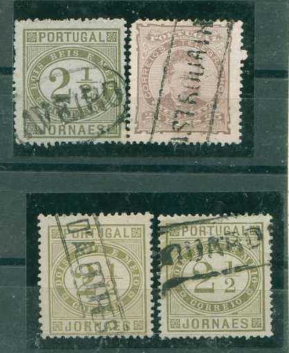 22Lis_1719.jpg -     Lote:    1719            Portugal       Descrição:         Carimbos nominativos. Lote de 4 selos das emissões Jornaes (3) e D. Luís I de frente (1), obliterados com carimbos nominativos batidos a preto de AVEIRO, FORNOS D'ALGODRES, GUARDA e CASTRO DAIRE.        O       Valor Base:     &euro; 6,00     Valor Venda:     &euro; 6,00     