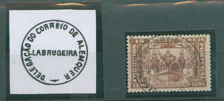 22Lis_1722.jpg -     Lote:    1722            Portugal       Descrição:         Carimbos nominativos. 1894 &mdash; 5.º Centenário do Nascimento do Infante D. Henrique. CE100, 15 reis obliterado com carimbo batido a preto "DELEGAÇÃO DO CORREIO DE ALENQUER / LABRUGEIRA". Raro.        O       Valor Base:     &euro; 25,00     Valor Venda:     Retirado     