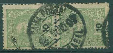 22Lis_1723.jpg -     Lote:    1723            Portugal       Descrição:         Carimbos de duplo círculo datados sem topónimo CTT. 1895/96 &mdash; D. Carlos I Mouchon. Par vertical de selos de 10 reis verde CE128, obliterados com carimbo batido a preto "CAIXA POSTAL BOMNABAL". MB e MR.        O       Valor Base:     &euro; 50,00     Valor Venda:     Retirado     