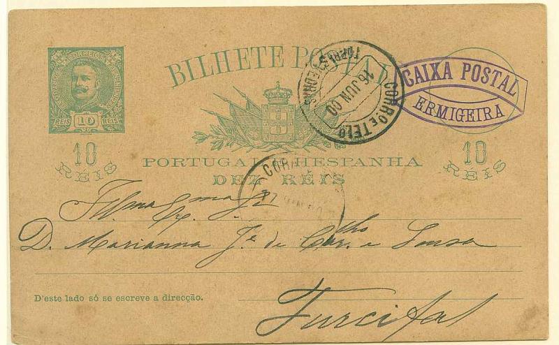 22Lis_1724.jpg -     Lote:    1724            Portugal       Descrição:         Carimbos nominativos. Inteiro postal de 10 reis verde sobre cartolina camurça, emissão D. Carlos I Mouchon OM23, circulado da Ermigeira para Turcifal (17.06.1900) com trânsito por Torres Vedras (16.06.1900). Carimbo batido a violeta "CAIXA POSTAL / ERMIGEIRA". Carimbo muito bem batido. MB e MR.        IC       Valor Base:     &euro; 100,00     Valor Venda:     Retirado     