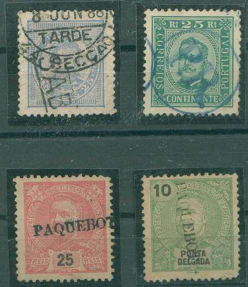 22Lis_1730.jpg -     Lote:    1730            Portugal       Descrição:         Marcofilia diversa. Lote composto por 4 selos emissões de D. Luís I de Frente de 25 reis, D. Carlos I Diogo Neto de 25 reis, e D. Carlos I Mouchon de 10 e 25 reis (carmim), obliterados respectivamente com carimbo nominativo de SABROSA, PR, e Paquebot (2).        Lote       Valor Base:     &euro; 4,00     Valor Venda:     &euro; 4,00     