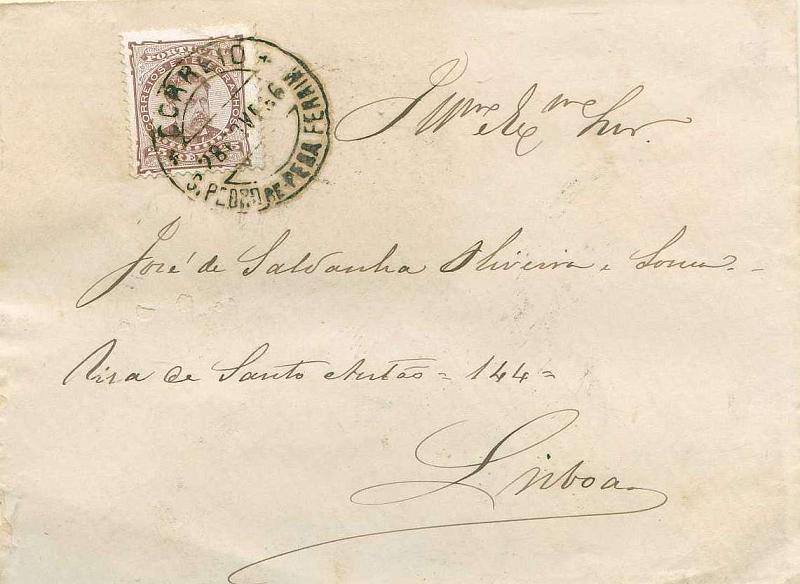 22Lis_1732.jpg -     Lote:    1732            Portugal       Descrição:         Carimbos de duplo círculo datado. 1882/83 &mdash; D. Luís I de frente. Sobrescrito circulado com selo de 25 reis castanho CE57 de S. Pedro de Penaferrim (28.11.86) para Lisboa (28.11.86). Carimbo batido a preto "CORREIO / S. PEDRO DE PENAFERRIM".        Carta       Valor Base:     &euro; 30,00     Valor Venda:     &euro; 110,00     