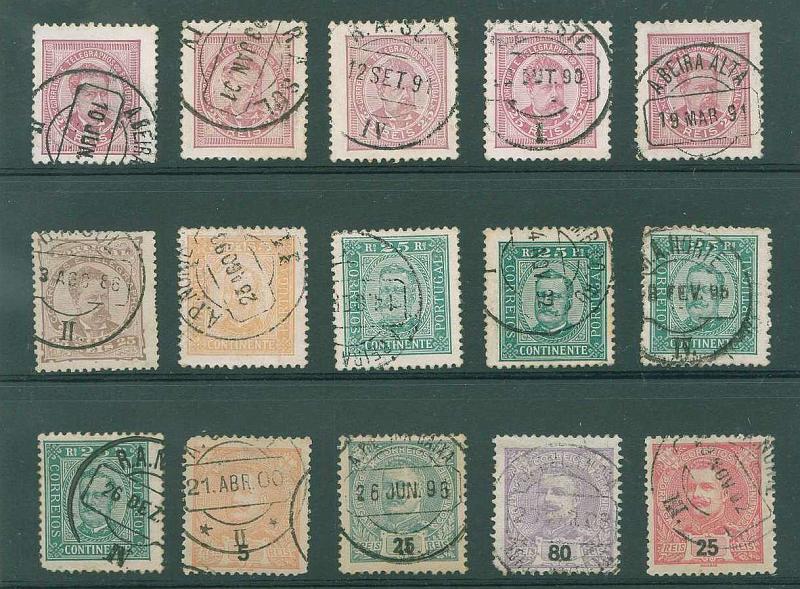 22Lis_1734.jpg -     Lote:    1734            Portugal       Descrição:         Carimbos ferroviários. Lote de 15 selos das emissões de D. Luís I de frente e  D. Carlos I (Diogo Neto e Mouchon), obliterados com carimbos de ambulâncias ferroviárias. Lote a ver.        Lote       Valor Base:     &euro; 10,00     Valor Venda:     Retirado     