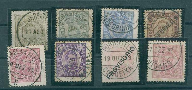 22Lis_1735.jpg -     Lote:    1735            Portugal       Descrição:         Carimbos de duplo círculo datados. Selos de diversas emissões do período monárquico obliterados com carimbos de duplo círculo datados de: LAGOS, TORRES NOVAS, ALPEDRINHA, GRANJA, A. BEIRA ALTA II, MAXIAL (raridade 7), CONDEIXA e VIDAGO.        O       Valor Base:     &euro; 10,00     Valor Venda:     &euro; 26,00     