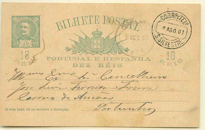 22Lis_1737.jpg -     Lote:    1737            Portugal       Descrição:         Carimbos de duplo círculo datado. 1896 &mdash; D. Carlos I Mouchon. OM23, 10 reis verde circulado de S. Silvestre (08.08.03) para Portinhos, com trânsito por Anca (09.08.03). Carimbos batidos a preto de ANÇA (raridade 6) e S. SILVESTRE (raridade 7)        IC       Valor Base:     &euro; 20,00     Valor Venda:     &euro; 20,00     