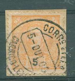 22Lis_1740.jpg -     Lote:    1740            Portugal       Descrição:         Carimbos de duplo círculo datados. Selo de 5 reis laranja da emissão de D. Carlos I tipo Mouchon, obliterado com carimbo batido a preto de CARRIÇO (Leiria). Raridade 8 no catálogo de Gordon. MR.        O       Valor Base:     &euro; 15,00     Valor Venda:     &euro; 28,00     