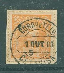 22Lis_1741.jpg -     Lote:    1741            Portugal       Descrição:         Carimbos de duplo círculo datados. Selo de 5 reis laranja da emissão de D. Carlos I tipo Mouchon, obliterado com carimbo batido a preto de CELAVISA (Coimbra). Raridade 8 no catálogo de Gordon. MR.        O       Valor Base:     &euro; 10,00     Valor Venda:     &euro; 42,00     